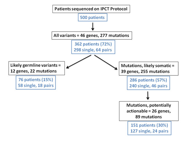 Flowchart of first 500 patients sequenced on a genomic profiling protocol in the Department of Investigational Cancer Therapeutics.