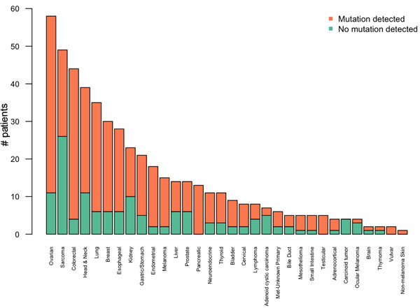 Number of patients with likely somatic mutations seen by tumor type.