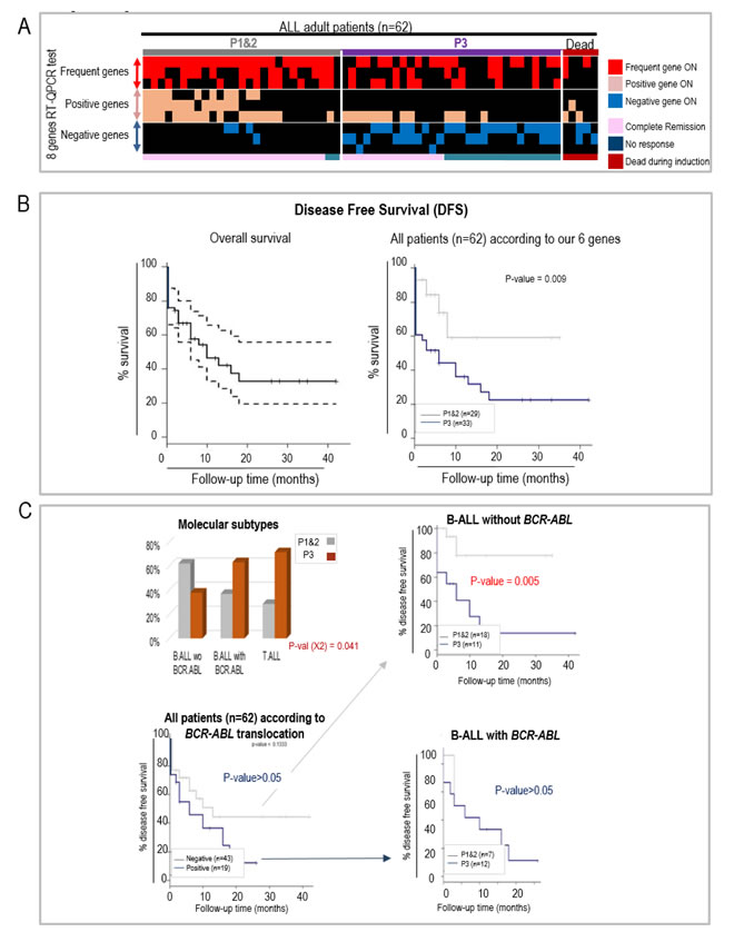 RT-qCPR detection of the aberrant expression of 6 genes helps predicting the response to an induction protocol and disease free survival (DFS) in a prospective study of Chinese adult ALL patients.