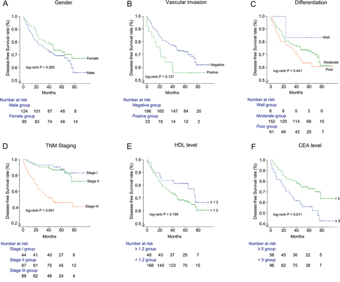 Disease-free survival of MetS group following surgical resection, stratified by gender A., vascular invasion B., tumor differentiation C., TNM Staging D., HDL level E., CEA level F..