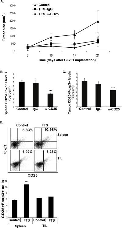 Inhibition of GL261 tumor growth by FTS is not affected by FTS-induced Foxp3 Tregs.