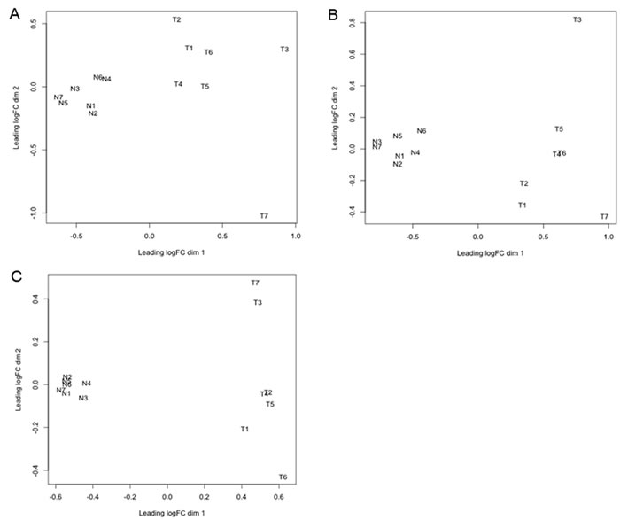 Multi-dimensional scaling (MDS) plot of circulating small RNAs.The plotMDS function of edgeR was used to examine relationship between samples of circulating miRNA