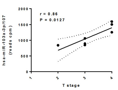 Association between differentially abundant circulating miR-103a-3p/miR-107 and HNSCC T stage.