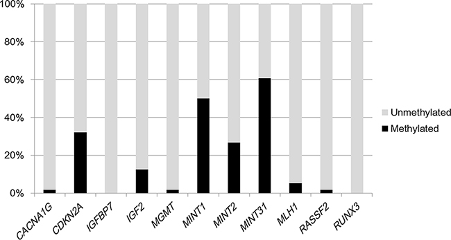 Frequencies of CACNA1G, CDKN2A (p16), IGFBP7, IGF2, MGMT, MINT1, MINT2, MINT31, MLH1, RASSF2, and RUNX3 methylations in 56 rectal carcinoid tumors.