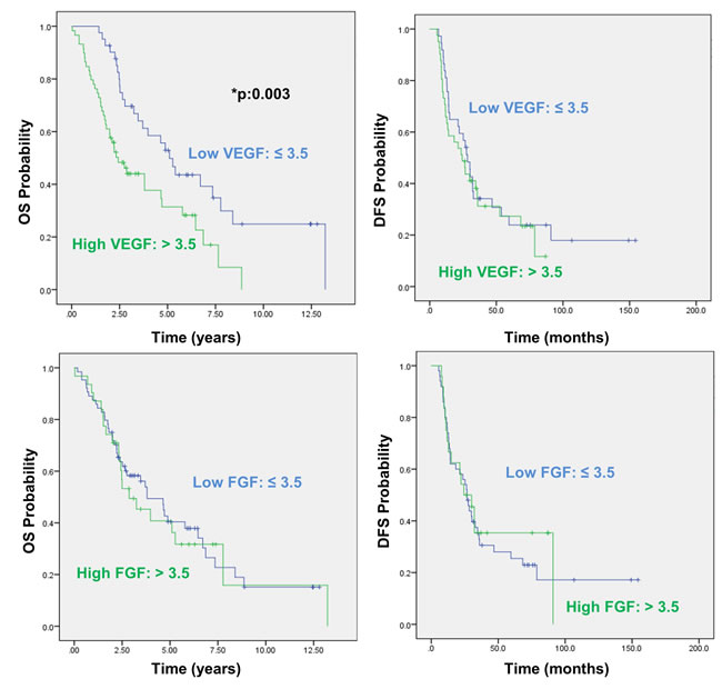 Overall and disease free survival analysis with regard to VEGF and FGF expression in EOC.