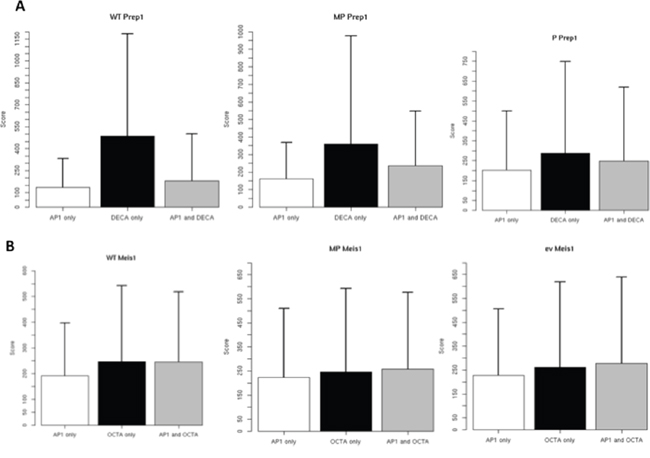 Differential score of peaks containing AP-1 and OCTA or DECA consensus in the different cell lines.