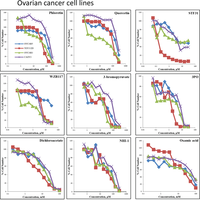 Concentration response curves of four ovarian cancer cell lines (OVCAR5, TOV112D, OVCAR3, CAOV3) treated with nine glycolytic inhibitors.