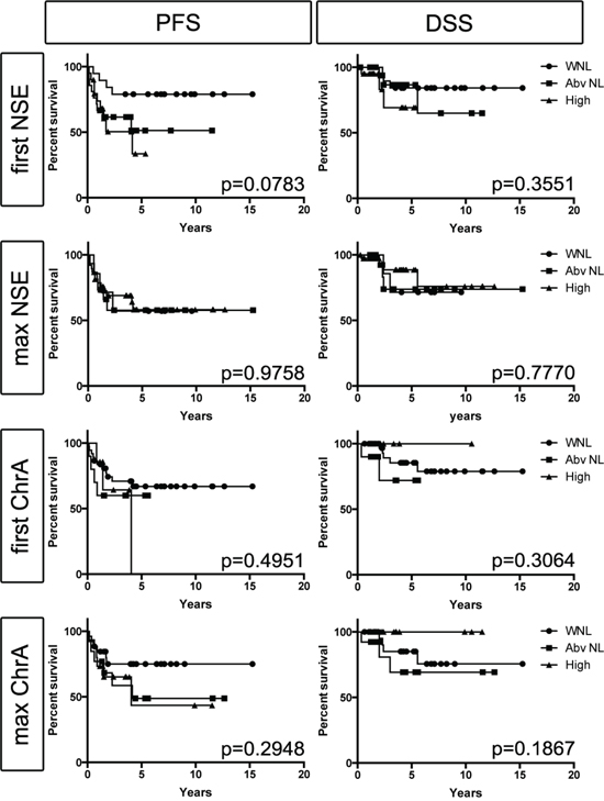 Blood levels of NSE or ChrA fail to correlate with PFS or DSS.