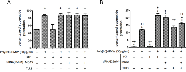 Intracellular and mitochondrial reactive oxygen species changes after single knockdown of TLR3 or concomitant knockdown of TLR3 and MDA5 in NB cells.