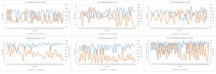 Correlation between DNA methylation and gene expression.