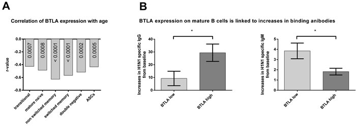 Correlation of BTLA expression with age and BTLA related increases in antibody titers.