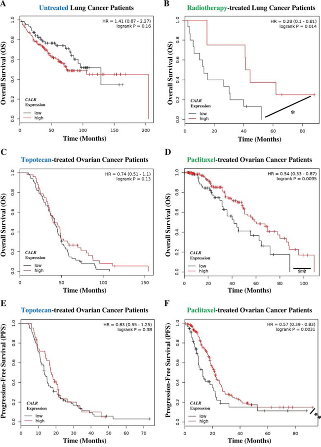 Cancer patients exhibiting low tumoural CALR levels show poor clinical prognosis in response to paclitaxel and radiotherapy.