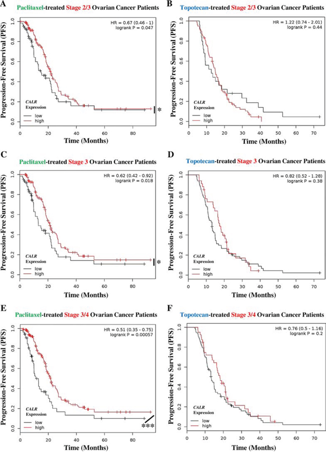 Paclitaxel treated cancer patients with tumoural CALRlow phenotype, show cancer stage-independent poor clinical prognosis.