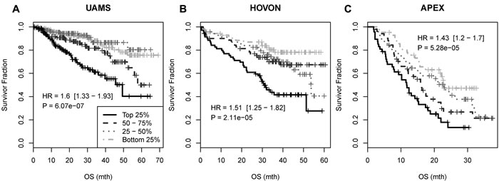 Survival association of the 33-gene signature in UAMS, HOVON and APEX myeloma datasets.