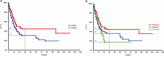 Overall survival of the entire population according to CD200 expression, p = 0.02, a. and by CD200 intensity of expression, p = 0.024, b. CD200 negative: MFI = 1; CD200 low: MFI &#x003C; 11; CD200 high: MFI &#x2265; 11.