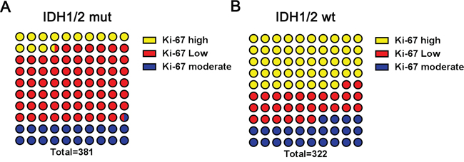 Distribution of low, moderate and high Ki-67 expression among IDH1/2 mut and IDH1/2 wt group.