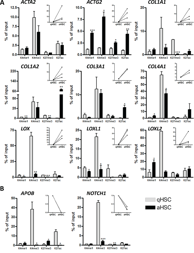 Histone H3 methylation and acetylation occupancy on promoters of aHSC- and qHSC-associated genes.