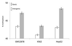 Comparison between genic and intergenic average (&#177; standard error) DNA methylation levels in GM12878, K562 and HepG2 cell-lines.