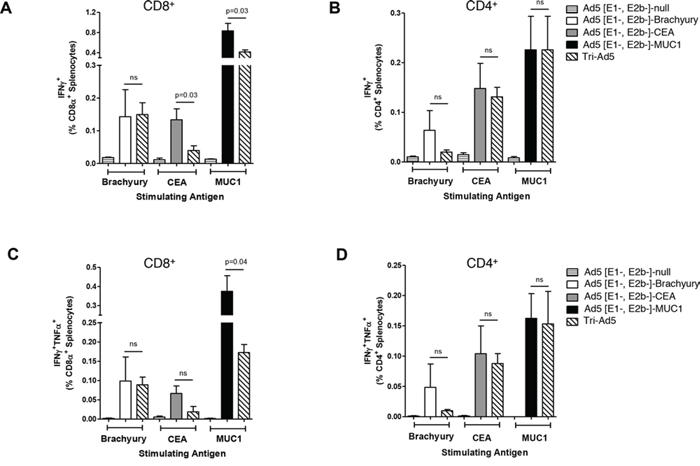 Analysis of CD8+ and CD4+ and multifunctional cellular populations following vaccination with Ad5 [E1-, E2b-]-brachyury, Ad5 [E1-, E2b-]-CEA, Ad5 [E1-, E2b-]-MUC1, Tri-Ad5, or Ad5 [E1-, E2b-]-null.