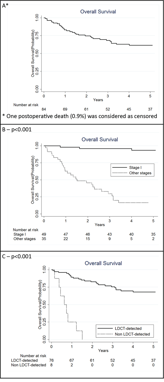 Kaplan Meier curves for overall lung cancer patients with a miRNA signature classifier (MSC) (N = 84) A. also in strata of clinical characteristics: stage I and other stages together B. low-dose computed tomography (LDCT)-detected and non LDCT-detected C. P for log rank test.