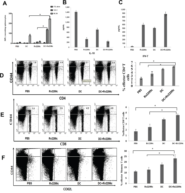 Activation of cytotoxic T lymphocytes (CTLs) and natural killer (NK) cells, the proportion of CD4+ T cells, CD8+ T cells, memory T cells, and cytokine production induced by vaccination with TA-loaded DC plus Rv2299c.