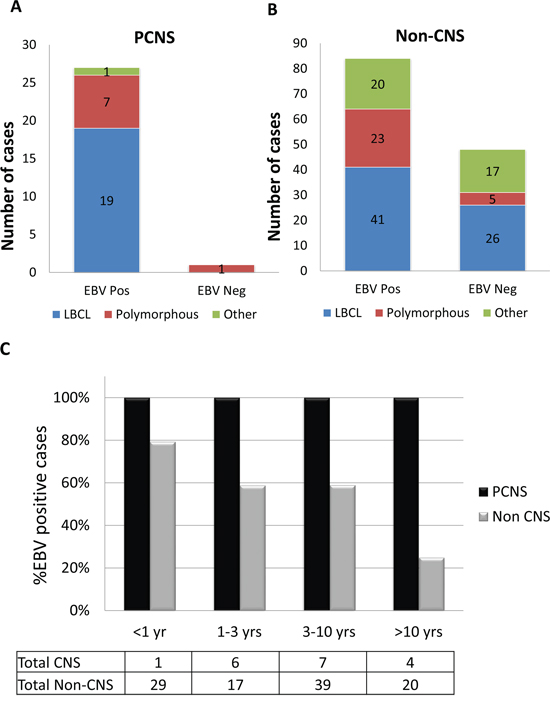 PCNS PTLD was more strongly associated with EBV than disease arising within other sites.