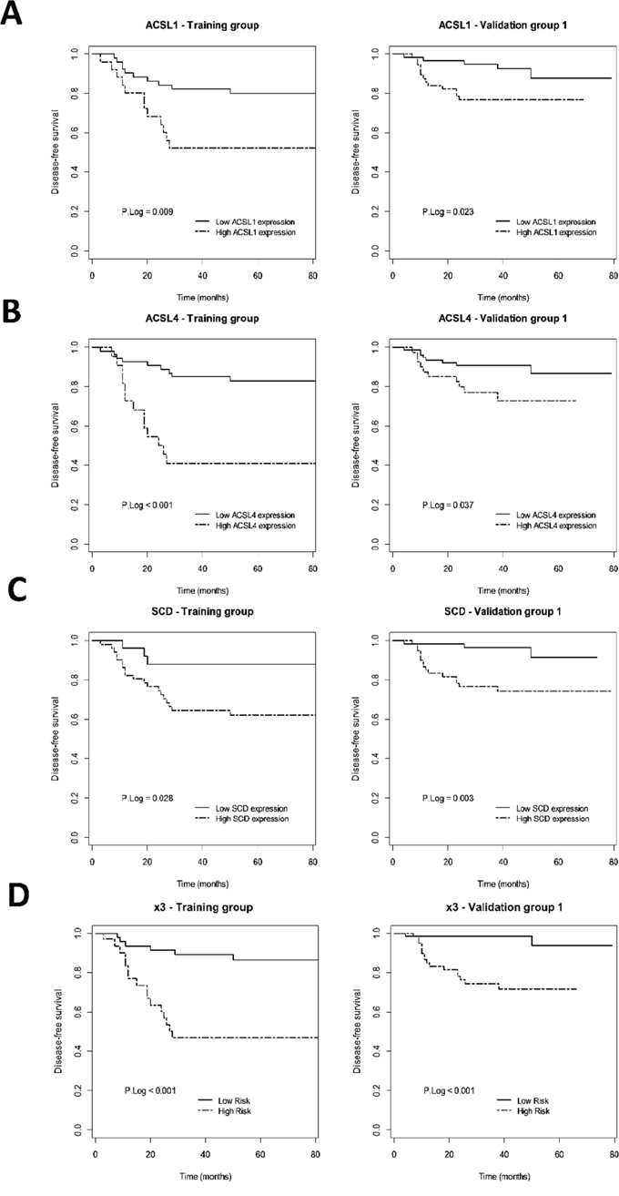 Prognostic value of ACSL1/ACSL4/SCD individual or simultaneous (x3) overexpression in early-stage CRC patients.