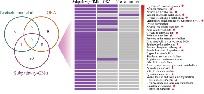 Comparison of pathways identified by Subpathway-GMir, ORA and the Kretschmann et al. method in LIHC data set 1 (FDR &#x003C; 0.01).