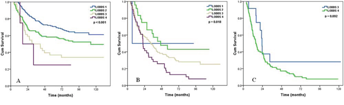 Effects of the LODDS on the survival of ESCC patients with pN0 stage A, pN1 stage B, pN2-3 stage C.