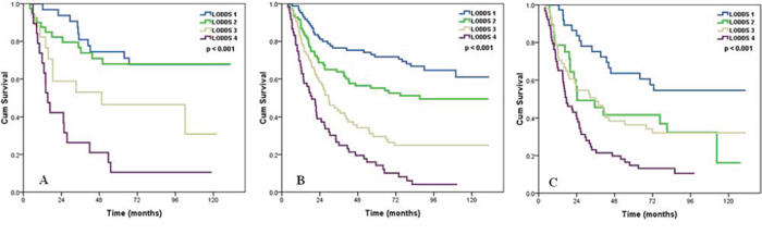 Effects of the LODDS on the survival of ESCC patients with G1 A, G2 B, and G3 C. disease.