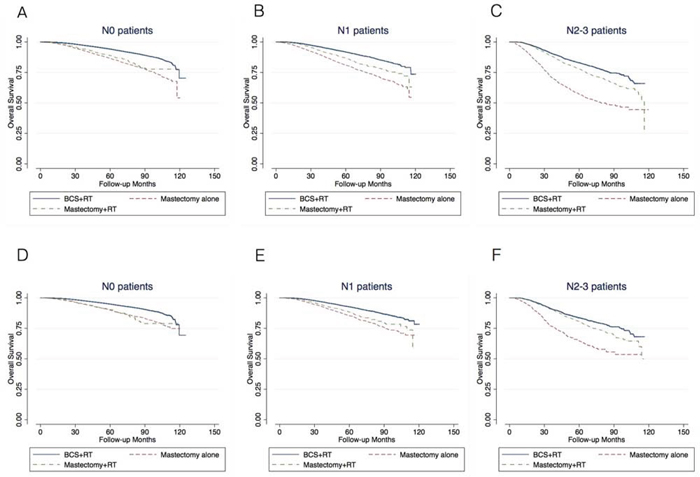 Kaplan-Meier survival analysis of the entire population A&#x2013;C. and in patients with &#x201C;Less/No comorbid conditions&#x201D; D&#x2013;F. Analysis were performed separately in N0 (A, D), N1 (B, E) and N2&#x2013;3 (C, F) patients.