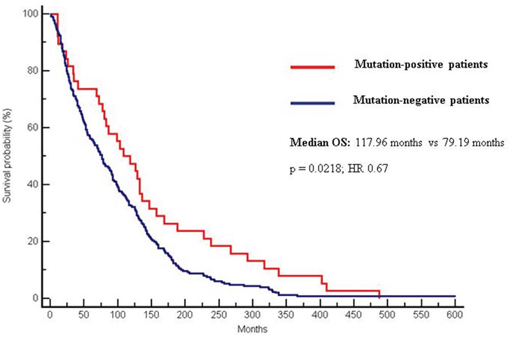 Differences in OS between mutation-positive (117.96 months) and mutation negative patients (79.19 months). (p = 0.0218; CI 0.51&#x2013;0.94; HR 0.67).