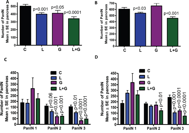 A&#x2013;D. Effect of L, G, and L+G on PanIN multiplicity in male (A,C) and female (B,D) GEM mice (means &#x00B1; SE).