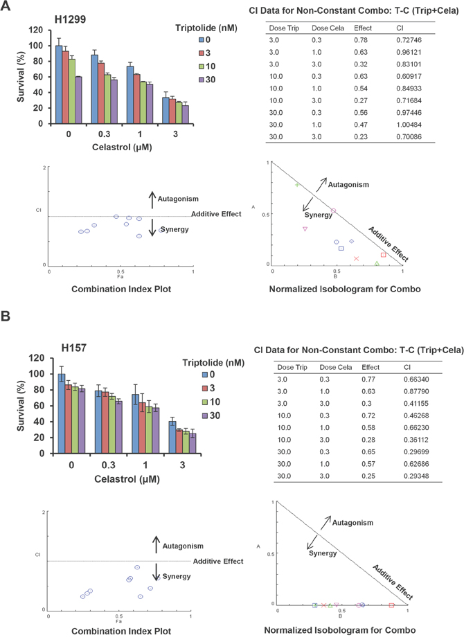 Triptolide and celastrol synergistically inhibit the growth of H1299 and H157 cancer cells in vitro.