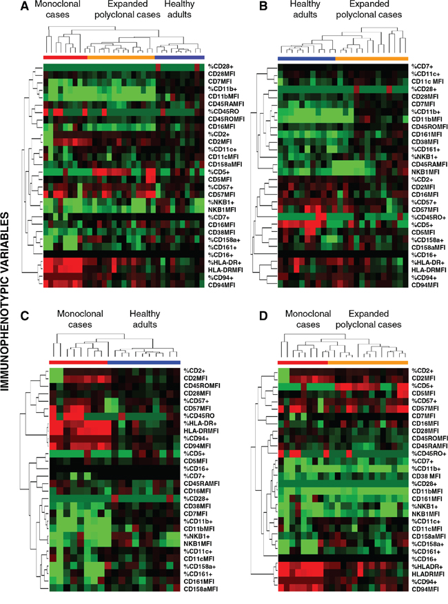 Unsupervised hierarchical clustering analysis of the immunophenotypic pattern of expanded monoclonal, expanded polyclonal and normal adult peripheral blood (PB) CD56low NK cells.