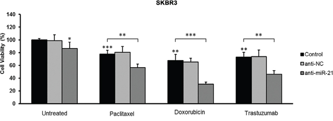 Effect of miR-21 inhibition on the sensitivity of SKBR3 breast cancer cells to trastuzumab and chemotherapeutic agents.