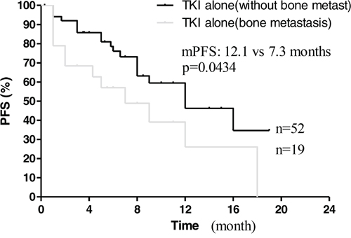 Kaplan&#x2013;Meier curves for progression-free survival are shown for patients with bone metastases.
