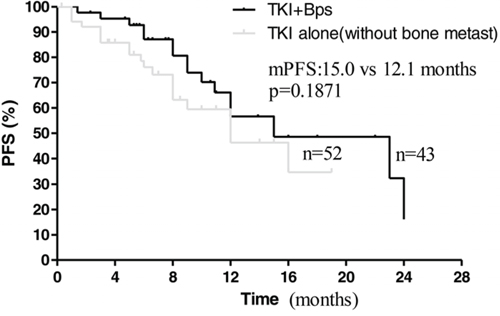 Kaplan&#x2013;Meier curves for progression-free survival are shown for patients without bone metastases treated with TKI alone and patients treated with TKI+BPs.