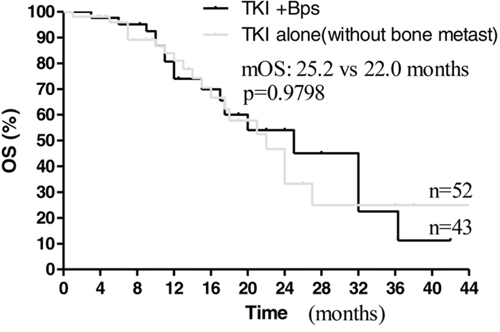 Kaplan&#x2013;Meier curves for overall survival are shown for patients without bone metastases treated with TKI alone and patients treated with TKI+BPs.