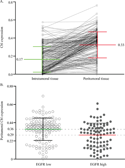 The correlation of Cbl between intratumoral and peritumoral tissue, or peritumoral EGFR low and high expression cases.