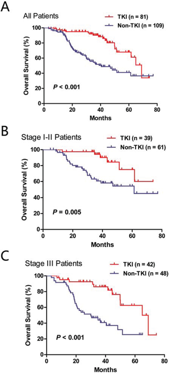 Overall survival of EGFR-mutated lung adenocarcinoma patients with or without the treatment of EGFR tyrosine kinase inhibitors (TKI) after disease recurrence.