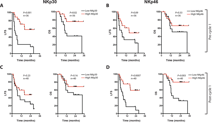 Impact of NK cell NCR expression on leukemia-free survival (LFS) and overall survival (OS) in older AML patients.