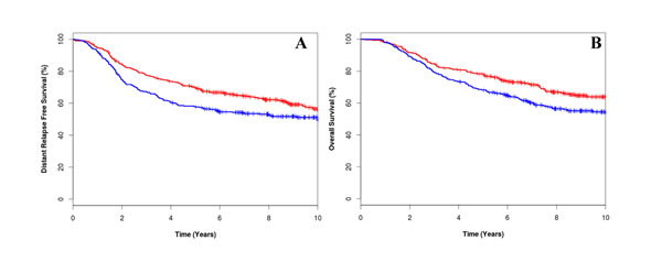 Kaplan-Meier survival curves for low CIN25 score [red line] and high CIN25 score (blue line) for distant relapse free survival (A) and overall survival (B).