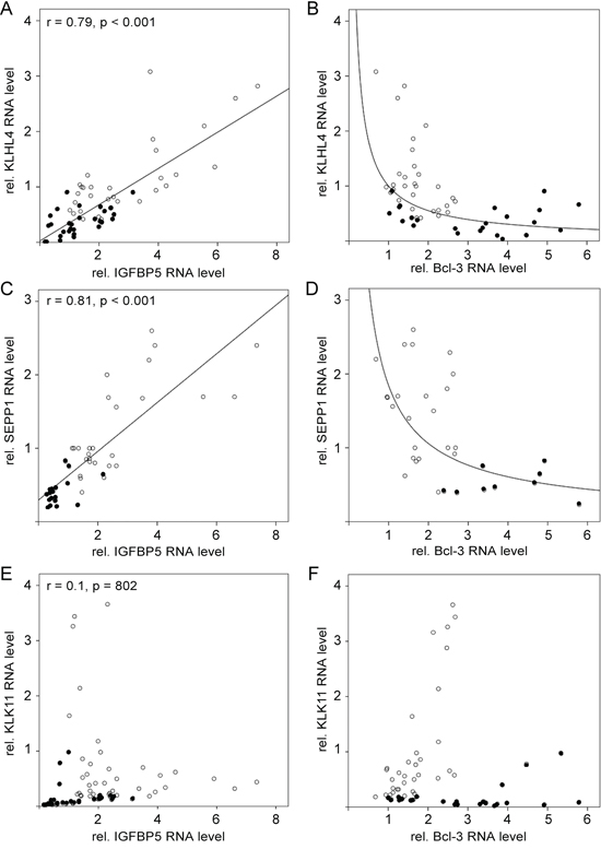 KLHL4 and SEPP1 mRNA levels change along with the IGFBP5 mRNA level in a linear fashion.