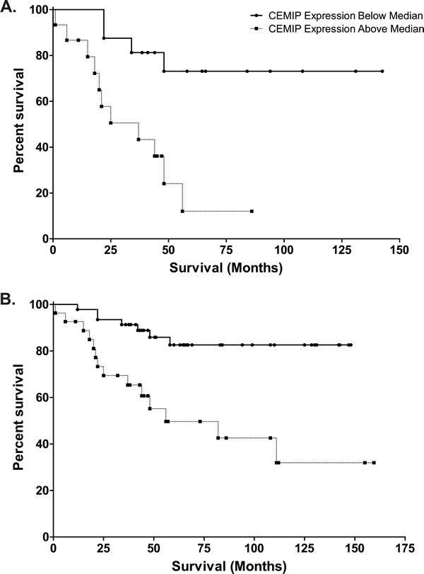 Kaplan-Meier analyses of survival in CEMIP high (values greater than 1.024, selected as median of stage III colon cancer cases)