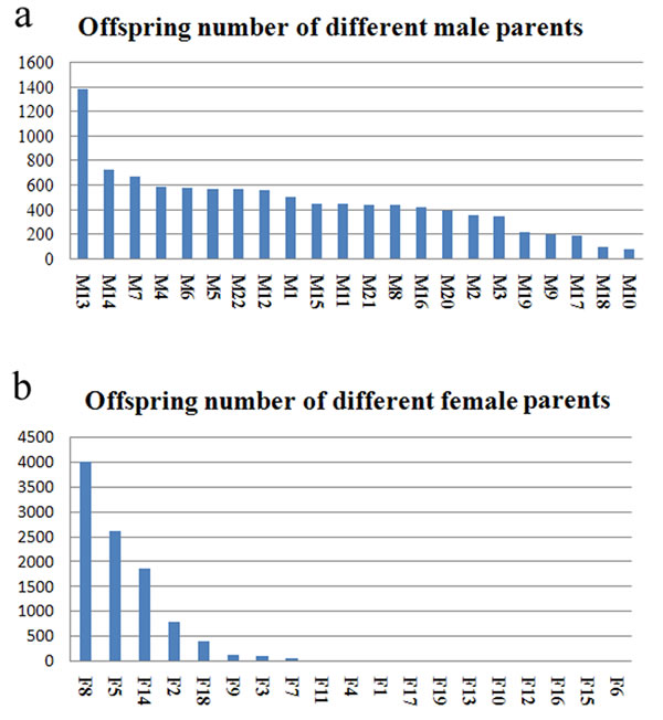 Number distribution of the half-sib families of male and female parents.