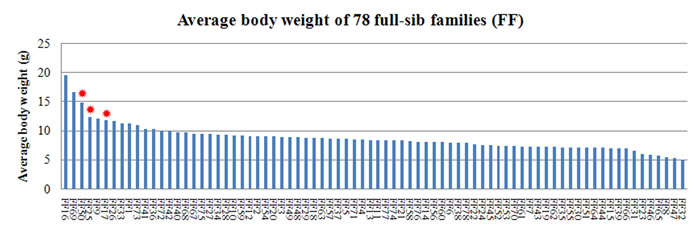 Distribution of average body weight in 78 families.