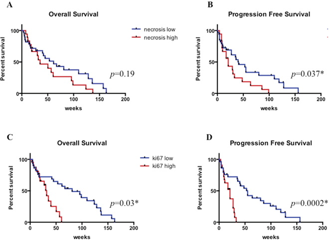 Overall survival and progression free survival according to necrosis. A. and B. and proliferation index C. and D.