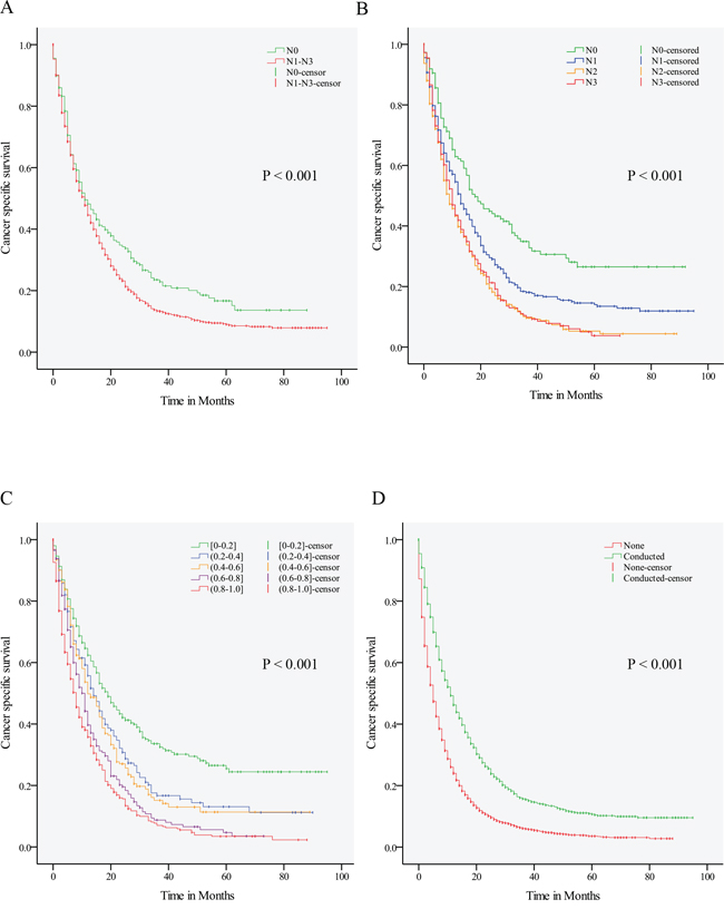 Kaplan-Meier curves of CSS by nodal metastatic status, N stage, lymph node ratio and undergoing of lymph node dissection.