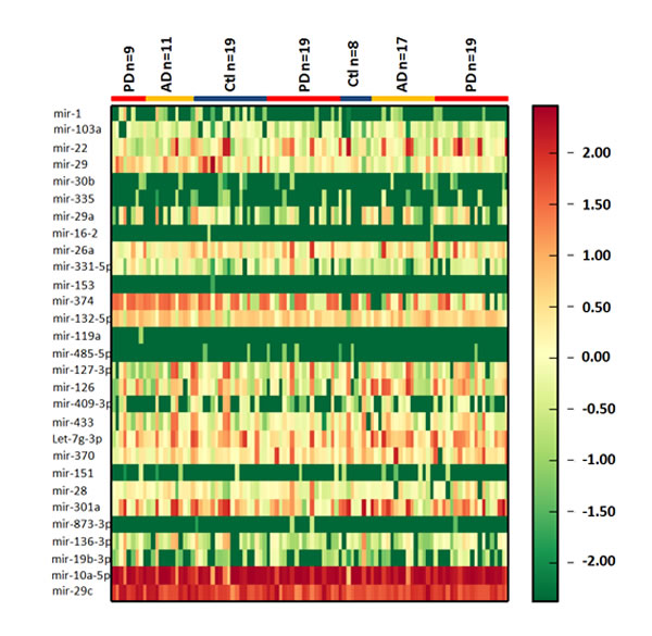 Heatmap of CSF exosomal differential miRNA profiles in PD and AD.